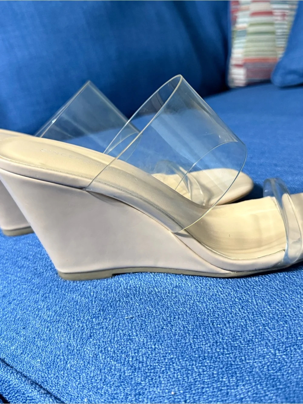 Sincerely Jules Nude Clear Strap Wedge Sandals